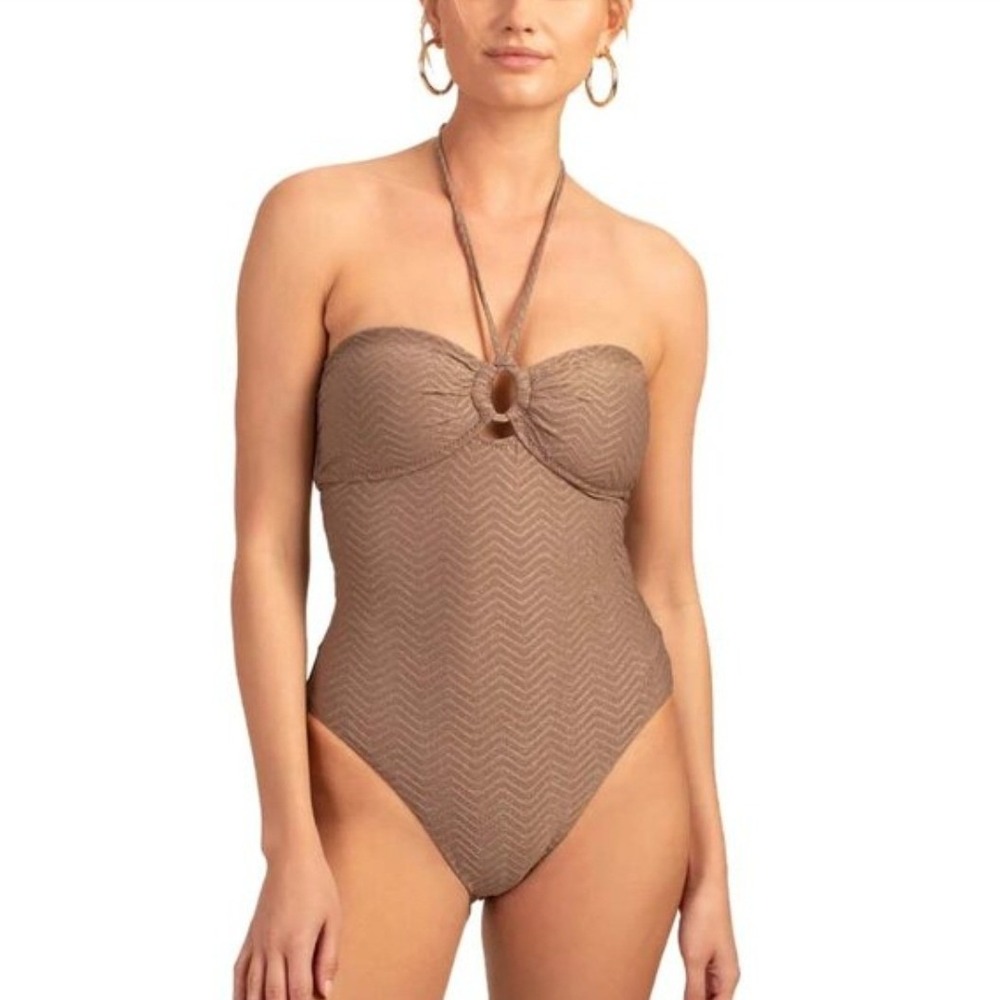 Trina Turk One Piece Swimsuit Womens Medium Taupe Metallic Chevron Keyhole